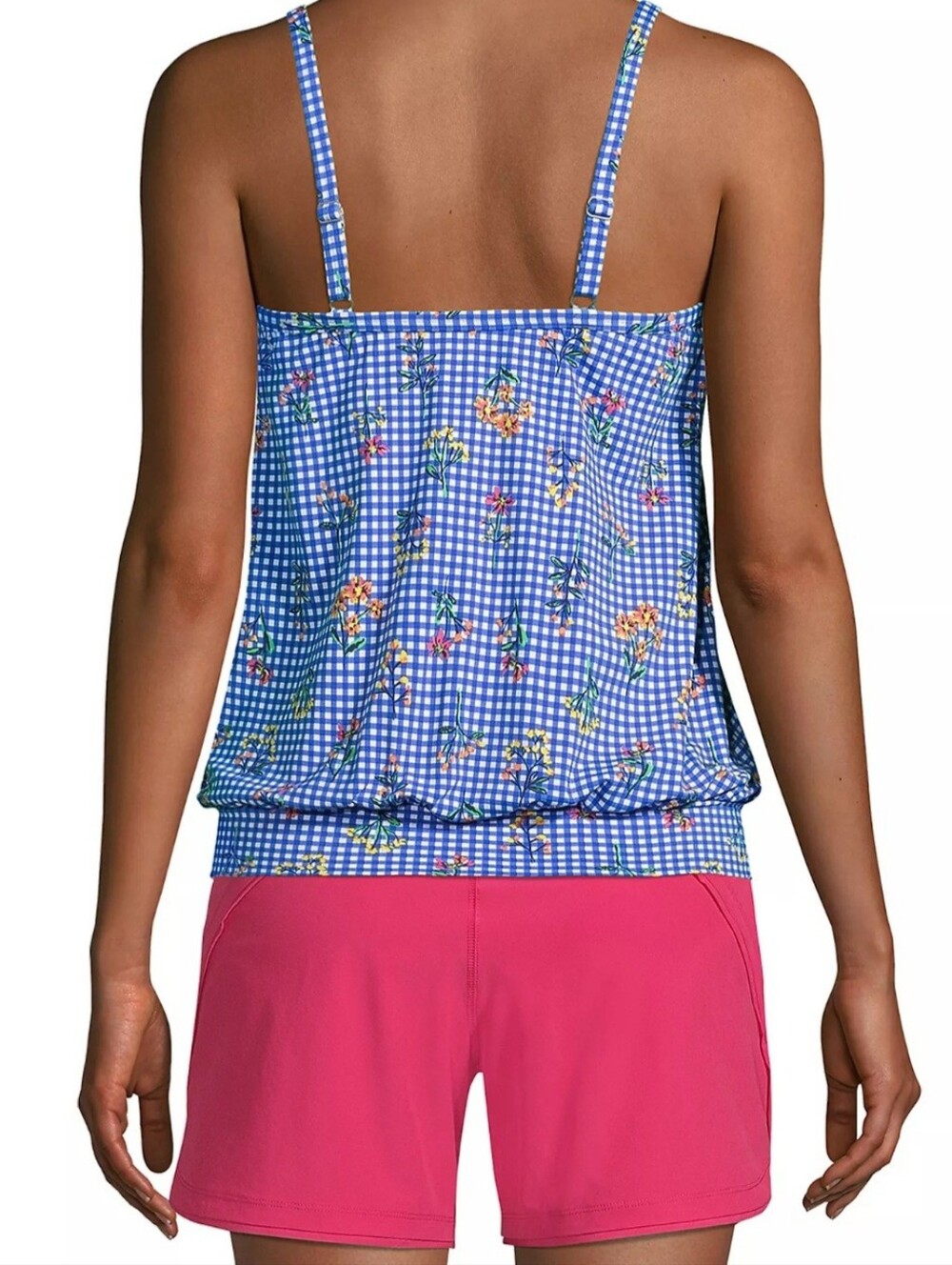 Lands' End Blouson Tankini -  Electric Blue Botanical Check - Picture 16 of 16